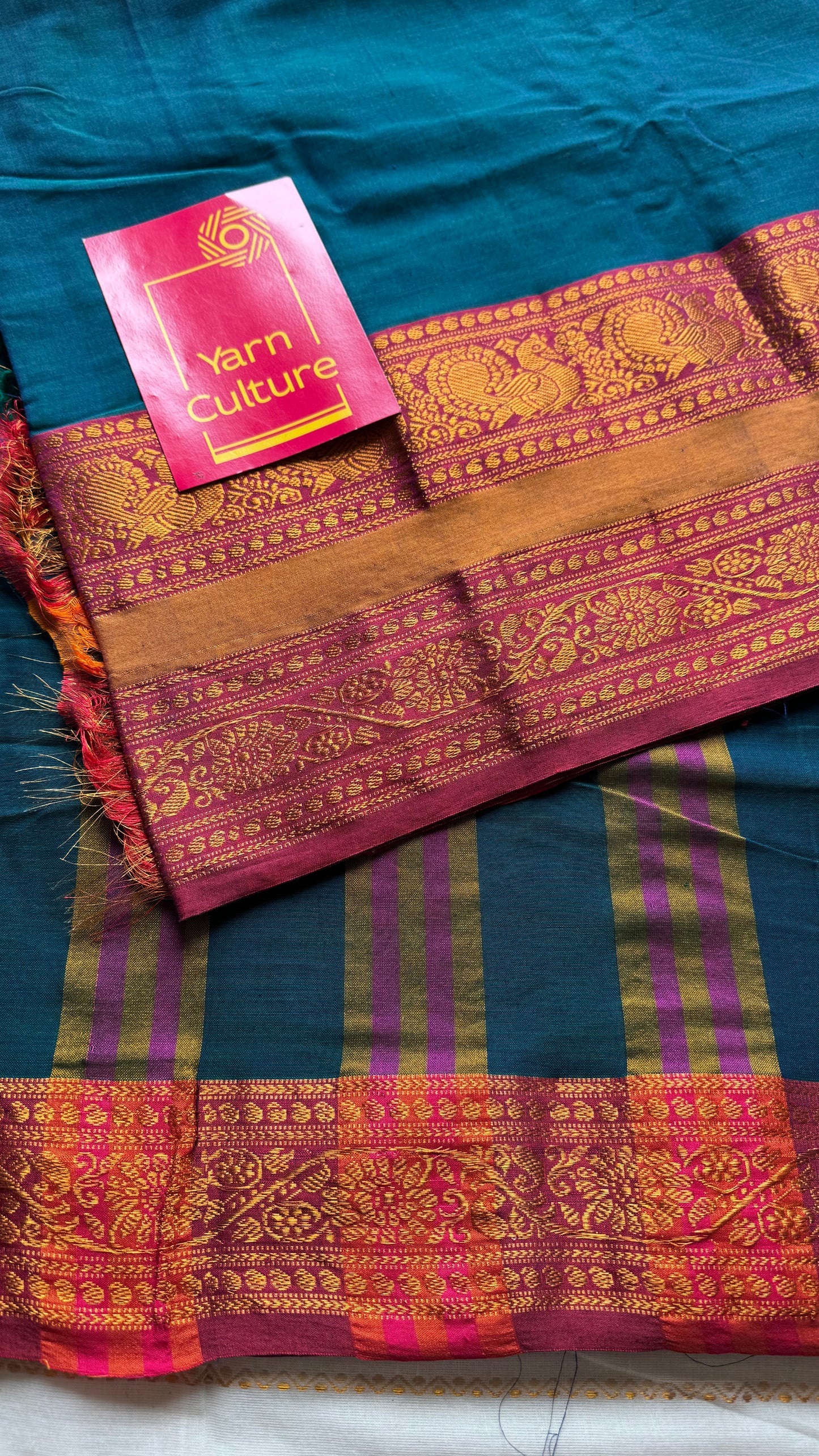 Peacock blue with dark pink wide border, narayanpet soft cotton saree - YCWOTDAUG02