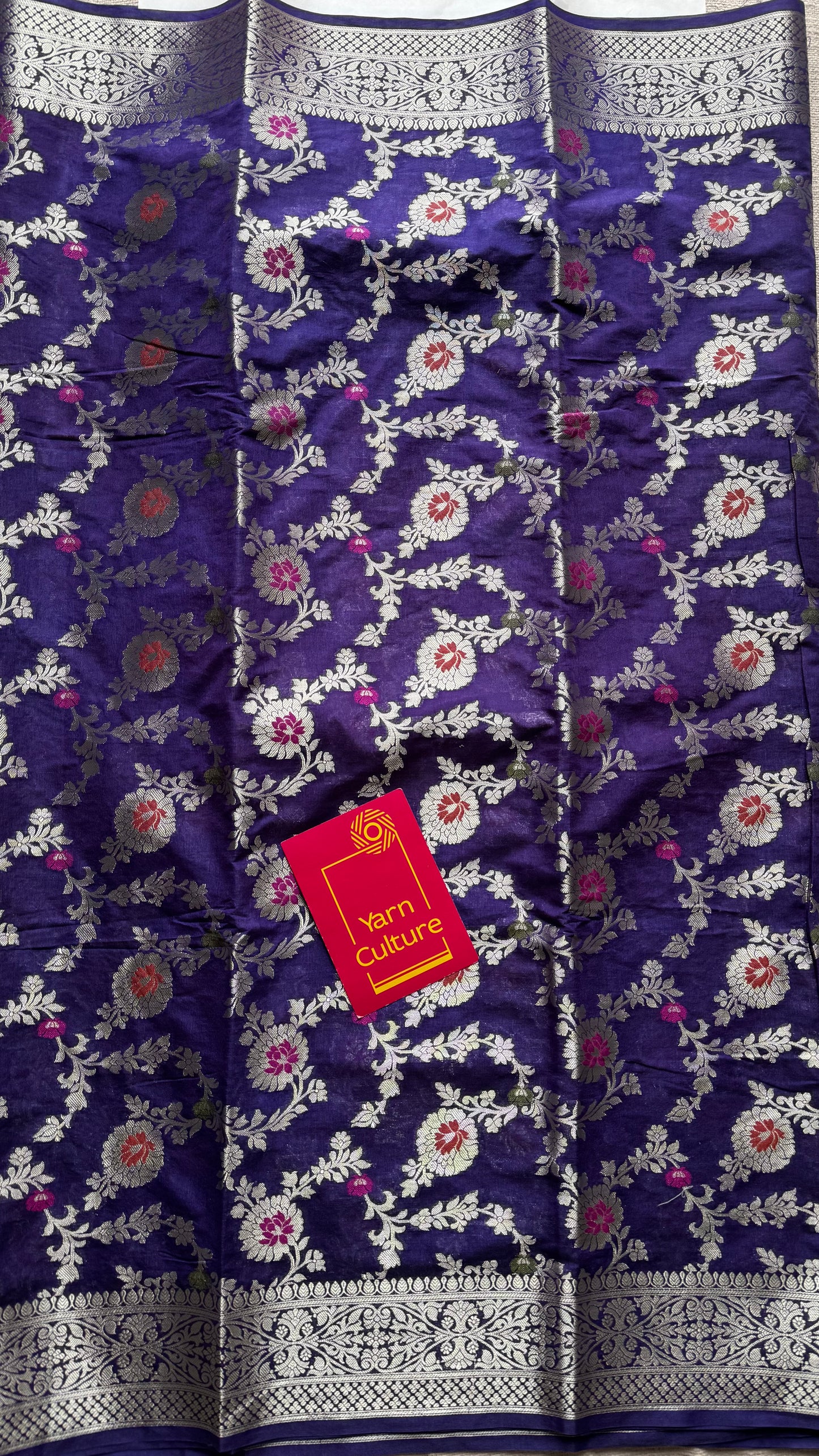 Dark blue meenakari floral pattern in silver zari, Banarasi katan dupion silk - YCDESE12