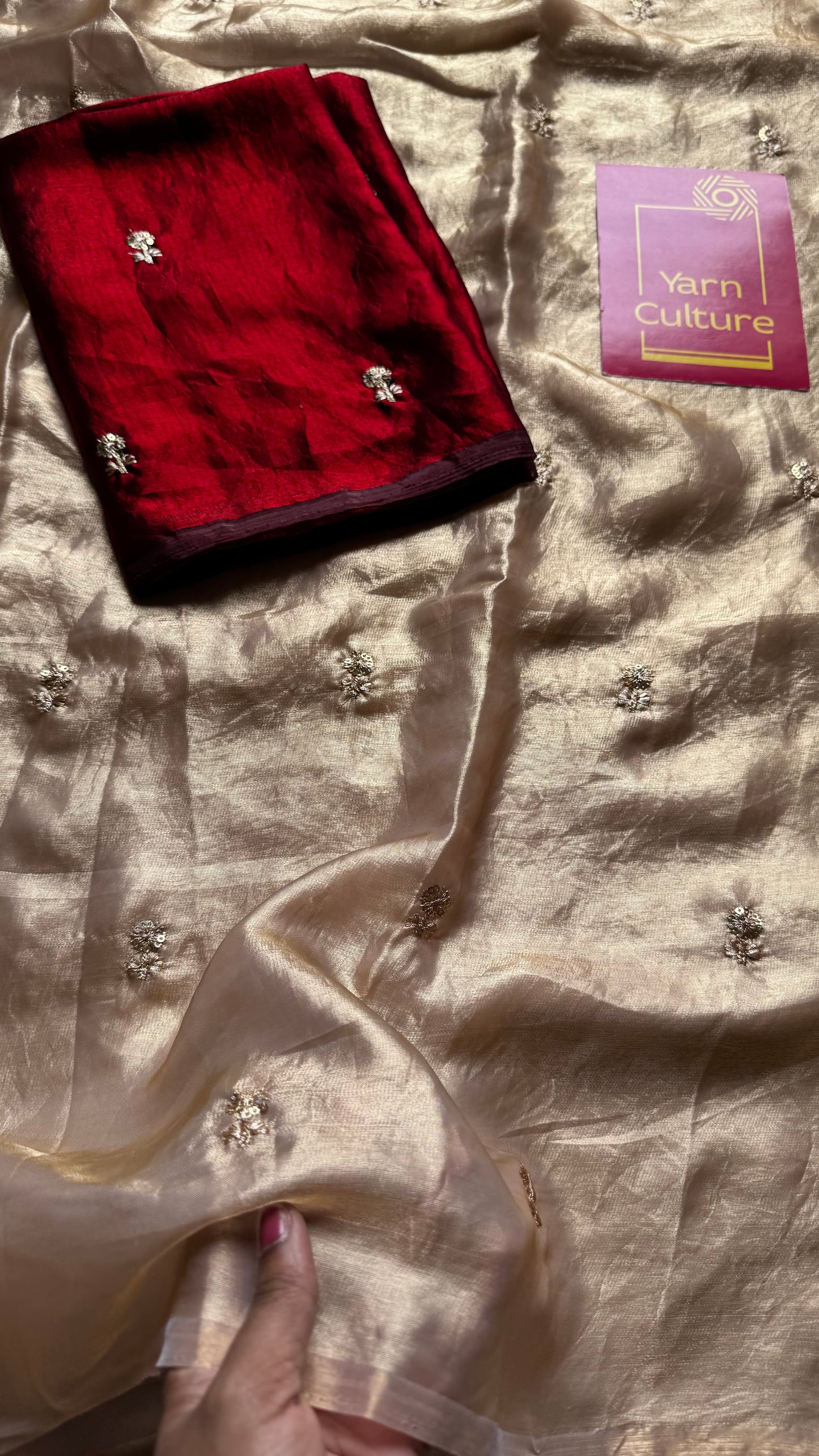 Light gold with a hint of pink, fendy satin with sequin work, contrast maroon blouse - YCDOSFE12