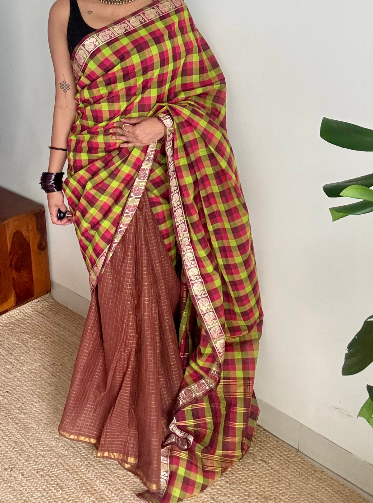 Multicoloured checks with brown, sungudi and chettinad cotton half-half saree - YCCOTNIDOC39