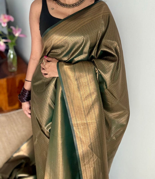 Dark green, antique gold zari, semi -silk - YCDOSOCSS04