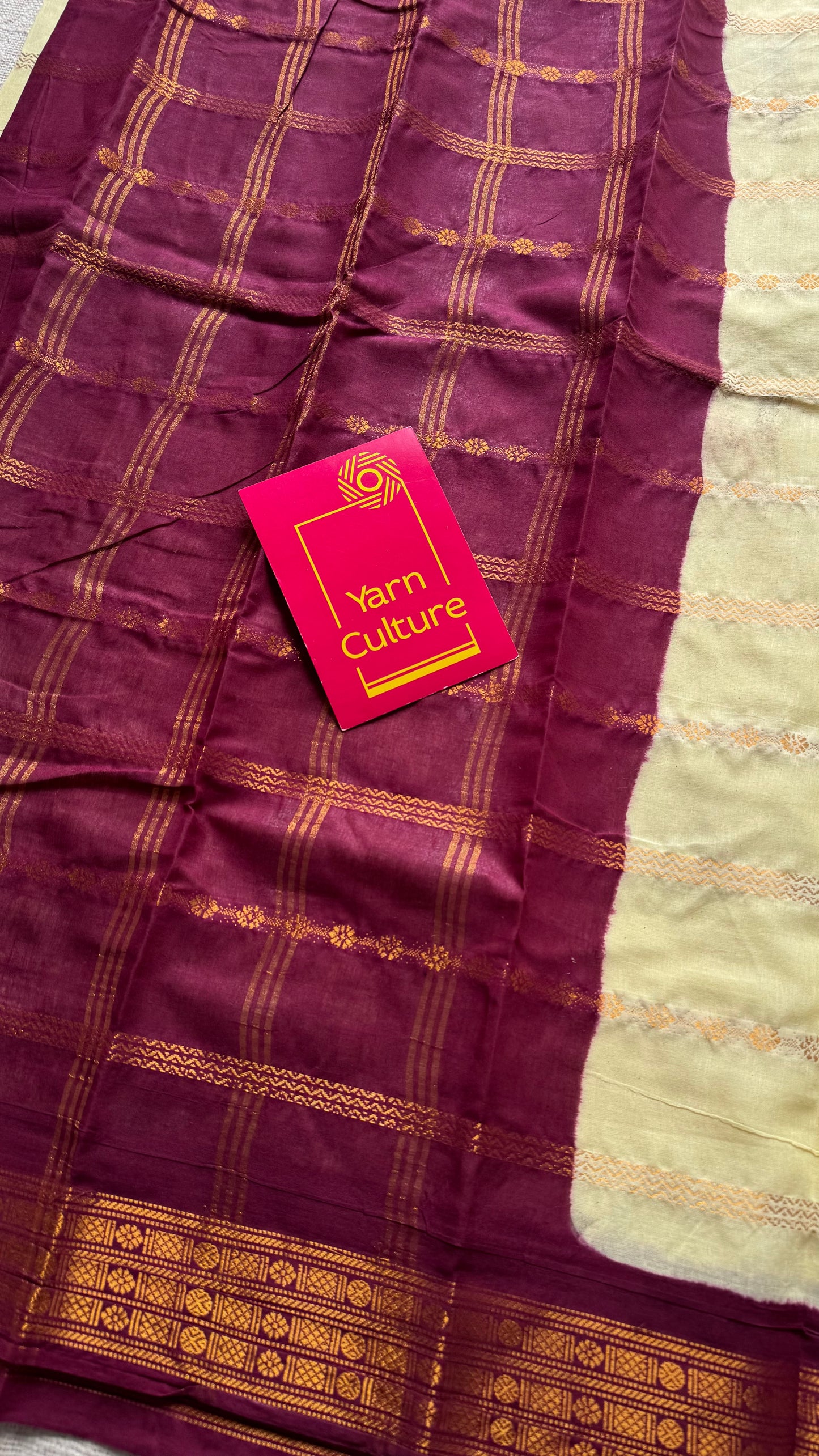 Custard yellow with maroon, motif striped sungudi, soft cotton - YCCOTNSSP02