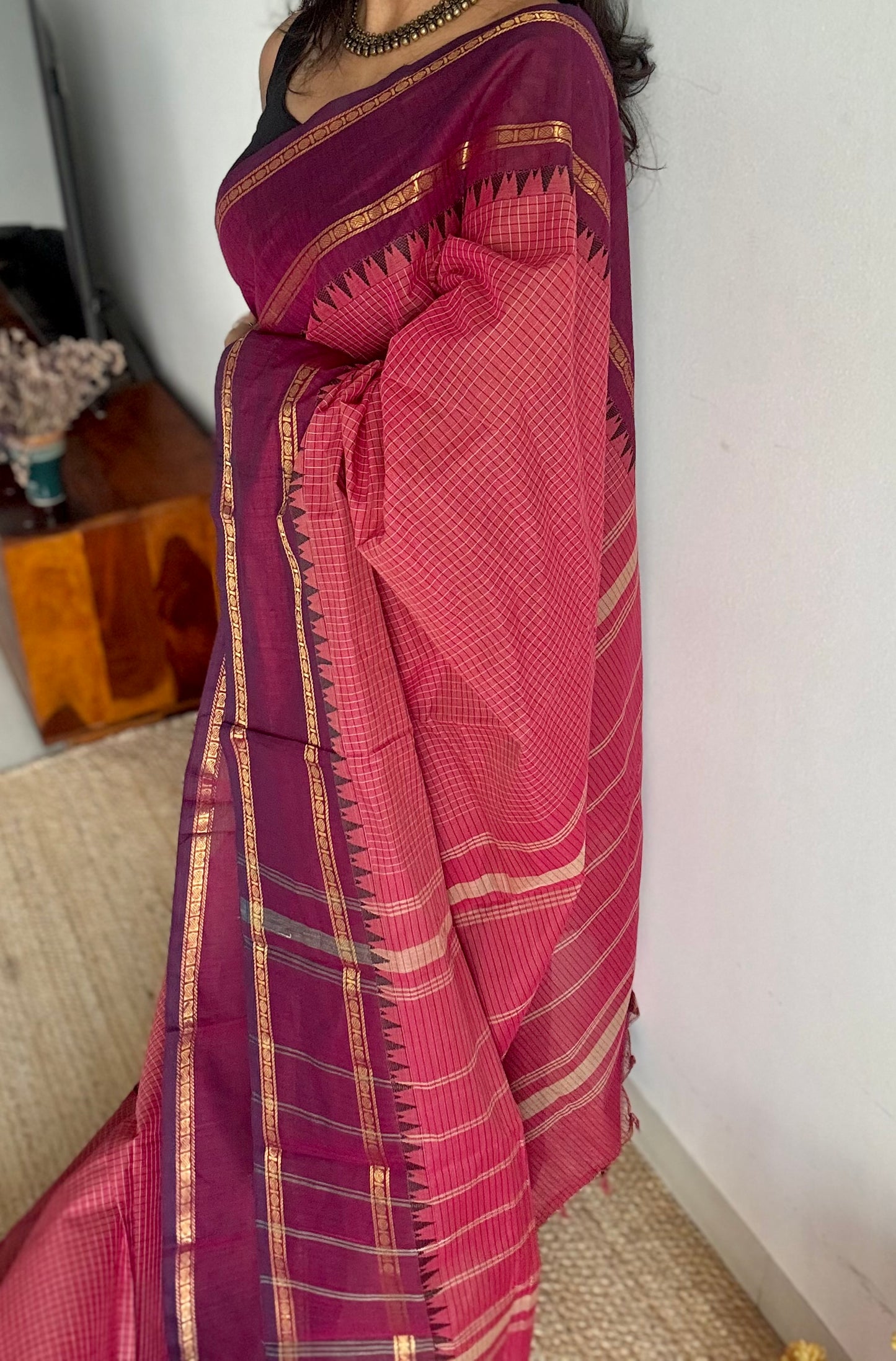 Dark pink with maroon border, temple motifs, checkered body, kanchi cotton - YCCOTNOCKC29