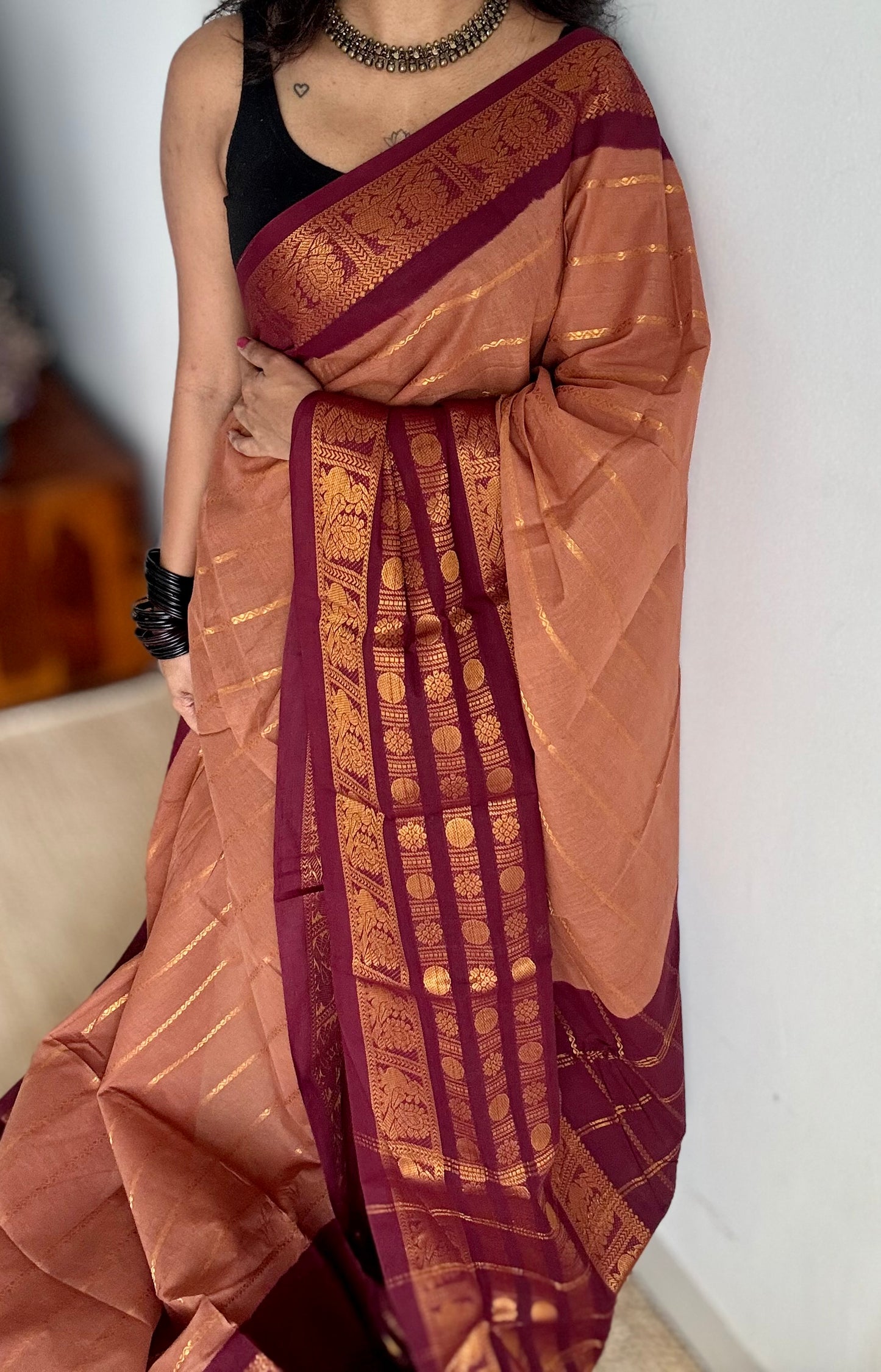 Light brown with maroon, peacock rudraksham motif, single side broad zari - madurai kattuchayam dyed - YCCOTNAUS33