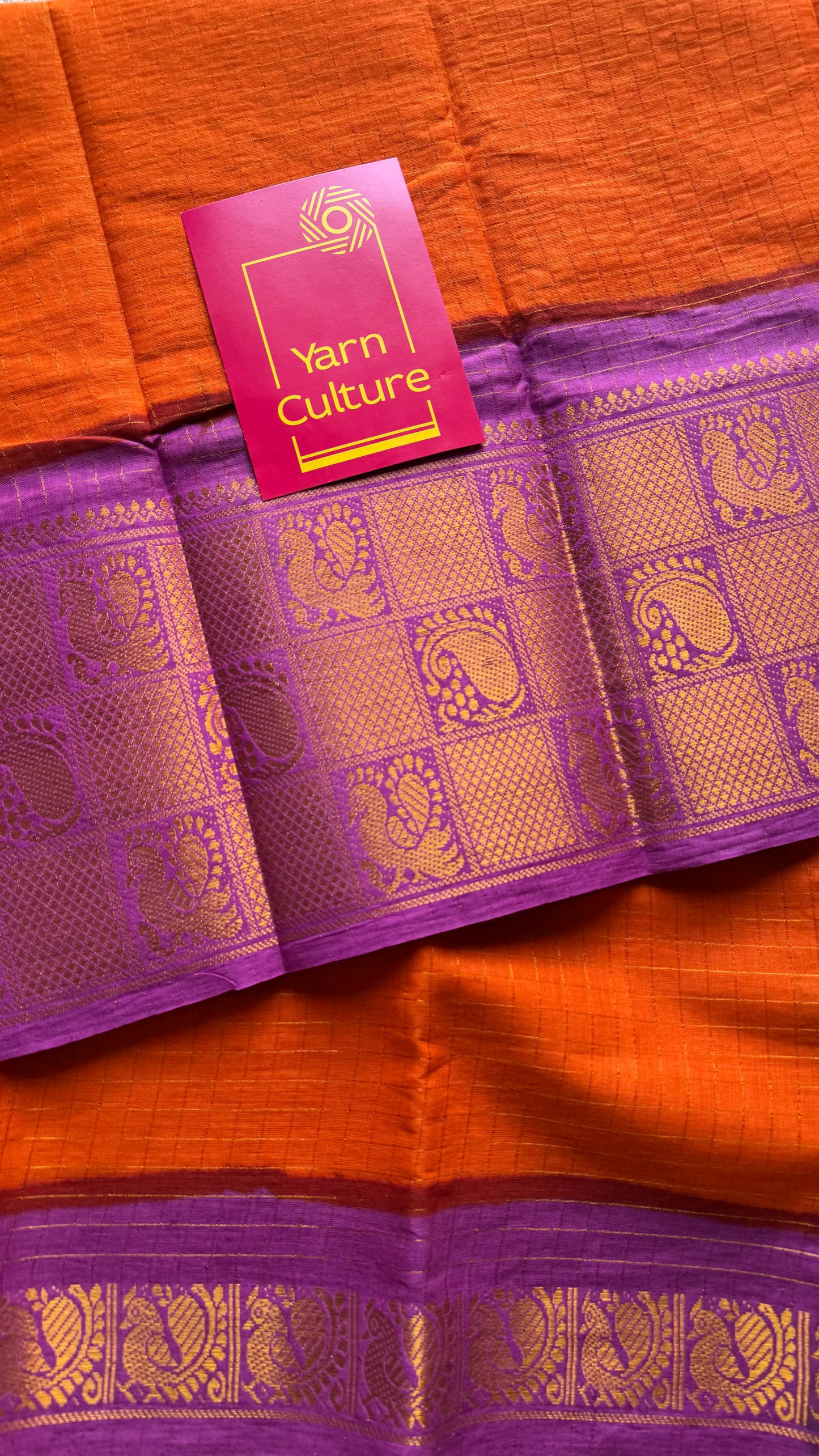 Orange checks with purple pink mayuri checkered zari border, madurai cotton - YCCOTNOCSC02