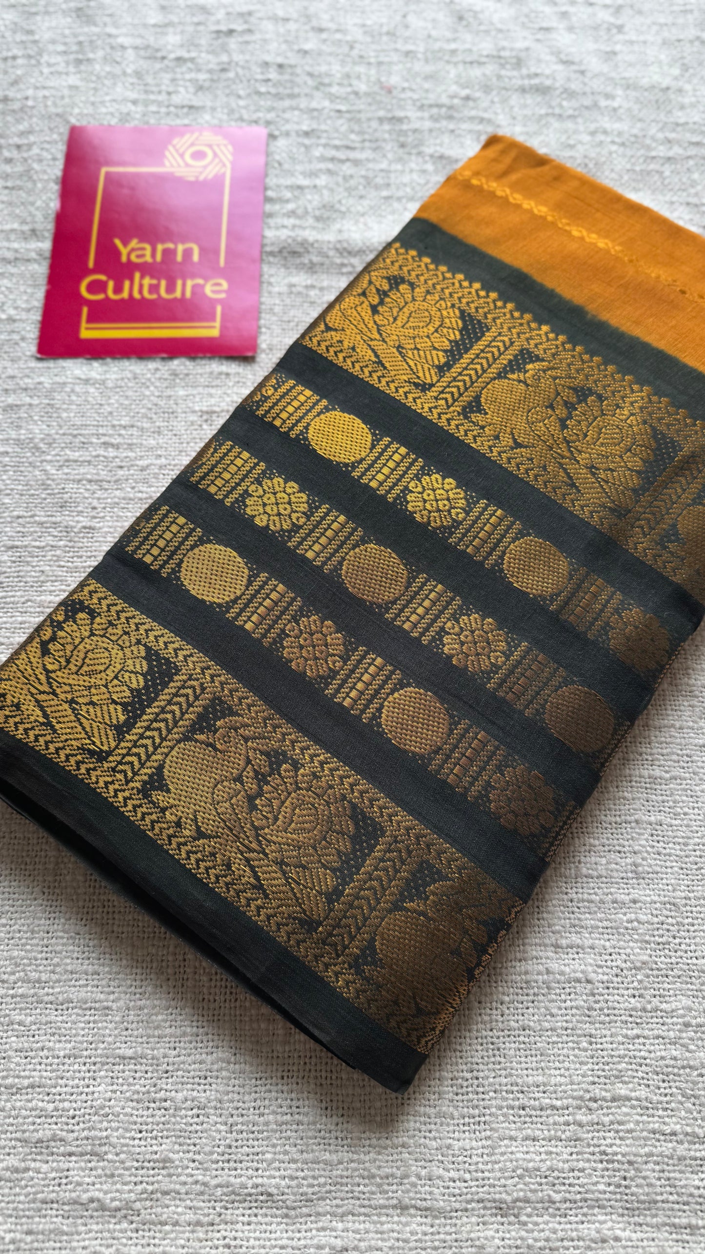 Turmeric yellow with black, peacock rudraksham motif, single side broad zari - madurai kattuchayam dyed - YCCOTNAUS27