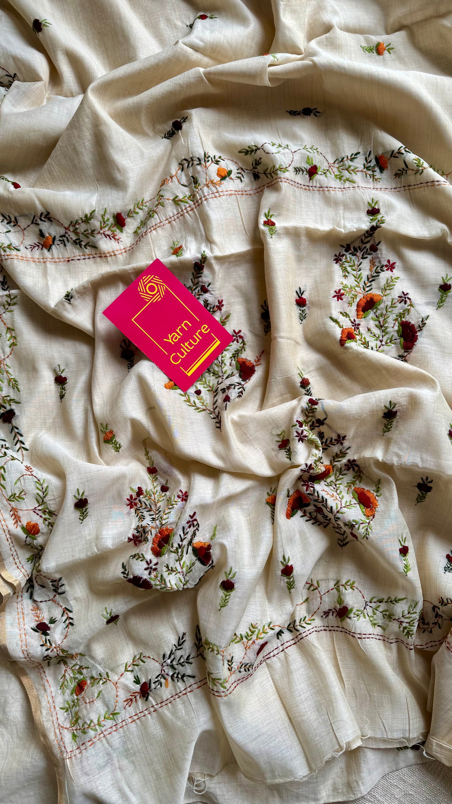Ivory maheshwari cotton silk blend with deep maroon and orange floral kantha threadwork - YCBLJULMK04