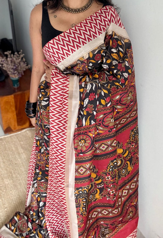 Black and red, printed kalamkari, semi-tussar - YCWOTDSTK02