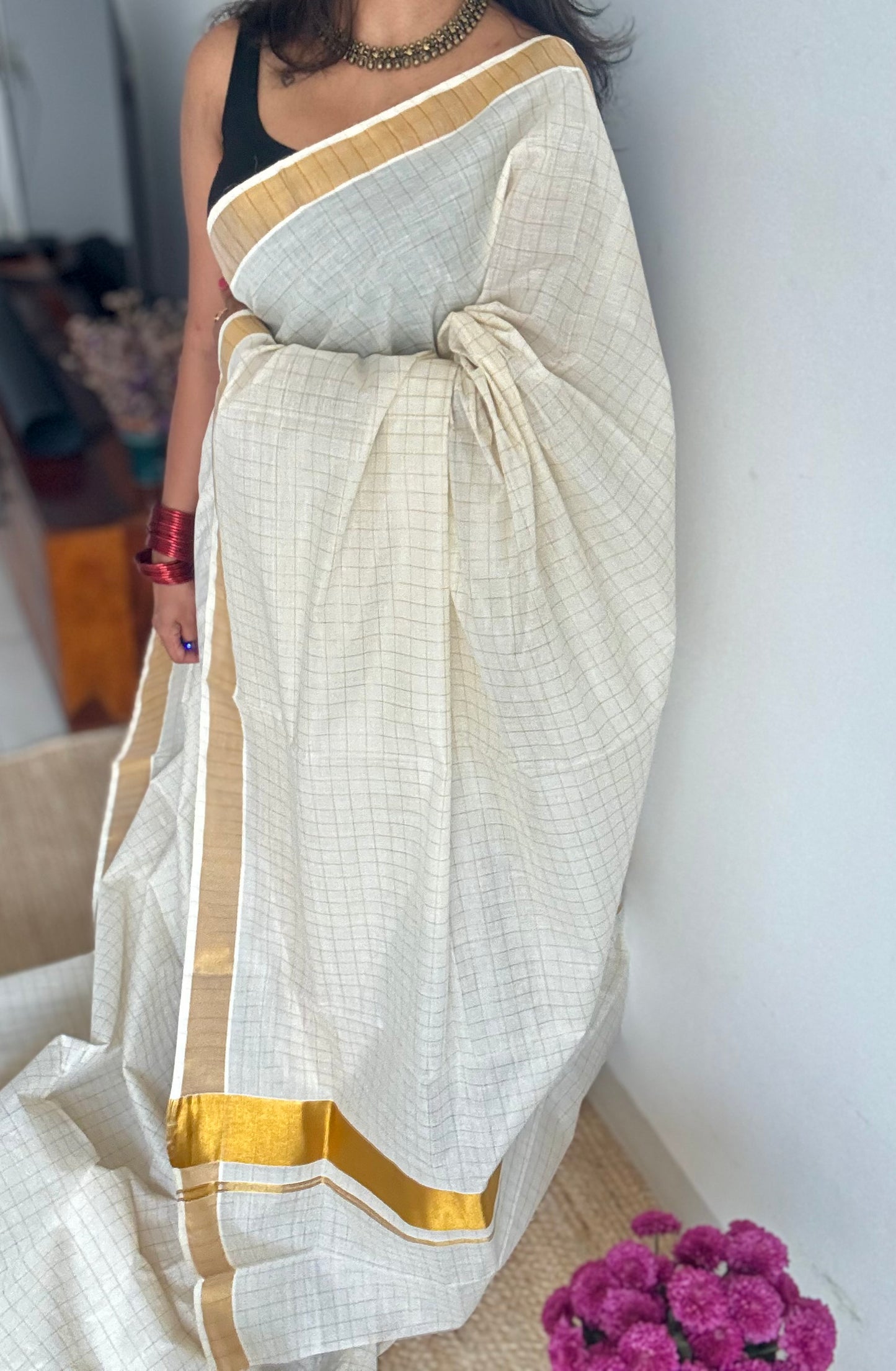 Ivory and gold checks, kerala soft cotton - YCON25MC269