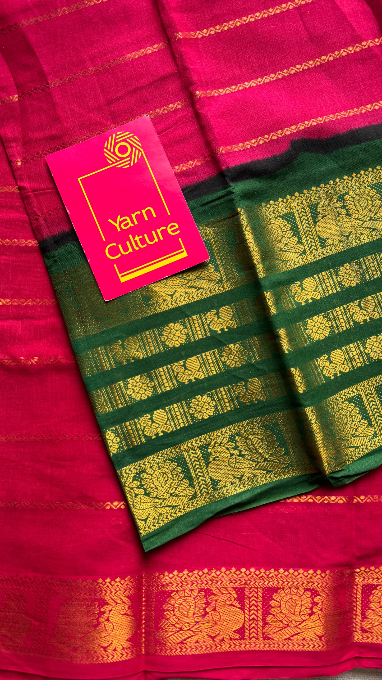 Reddish pink with green, peacock rudraksham motif, single side broad zari - madurai kattuchayam dyed -YCCOTNAURS19