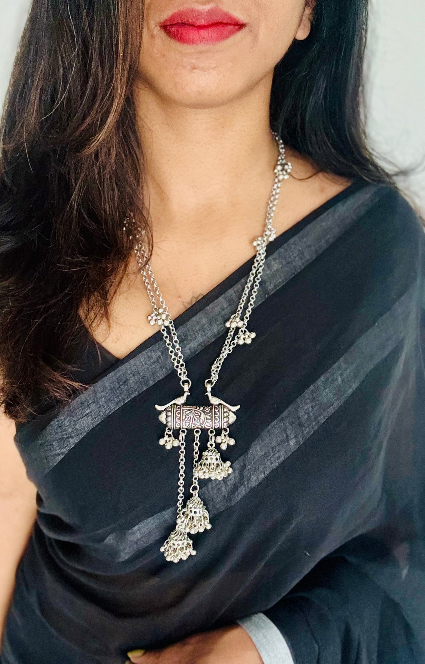 Long gungroo pendant chain, oxidised silver - YCOSNP308