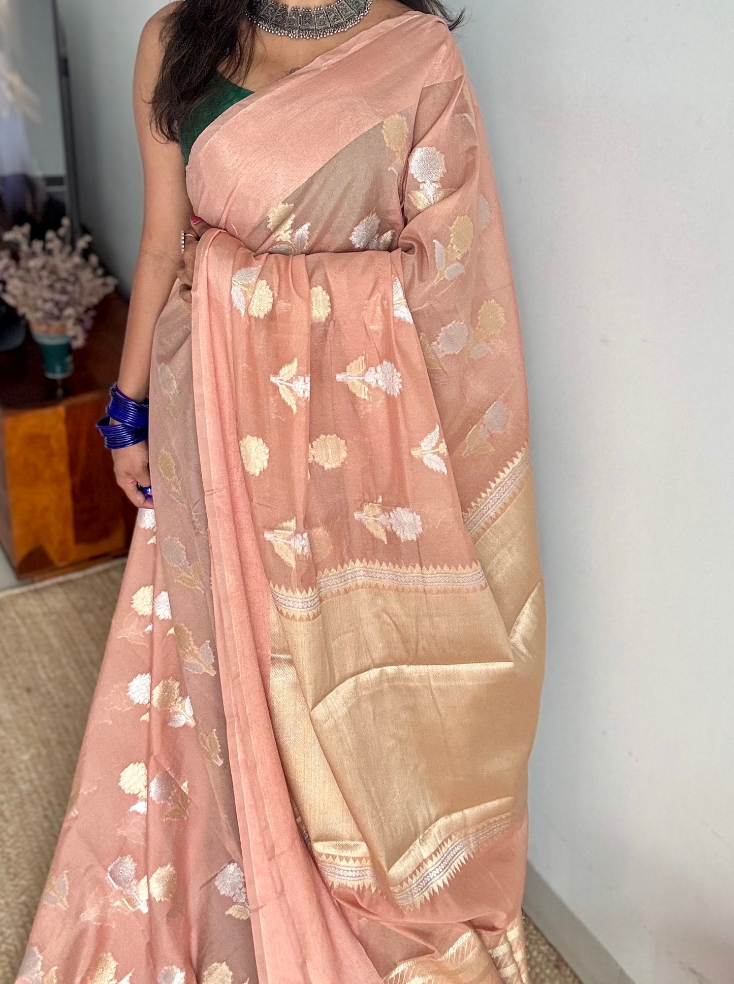Salmon pink with gold and silver floral buttas, Banarasi semi-crepe silk - YCDESE53
