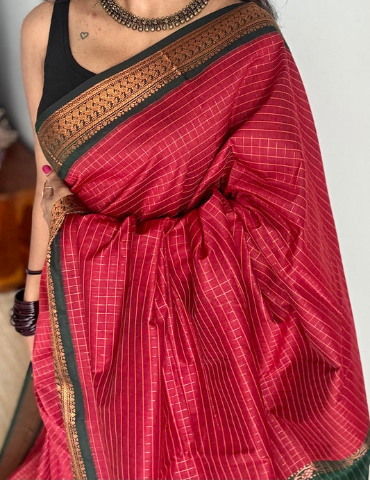 Dark red with dark green, checks - cotton silk - YCCOTNOCKCS12