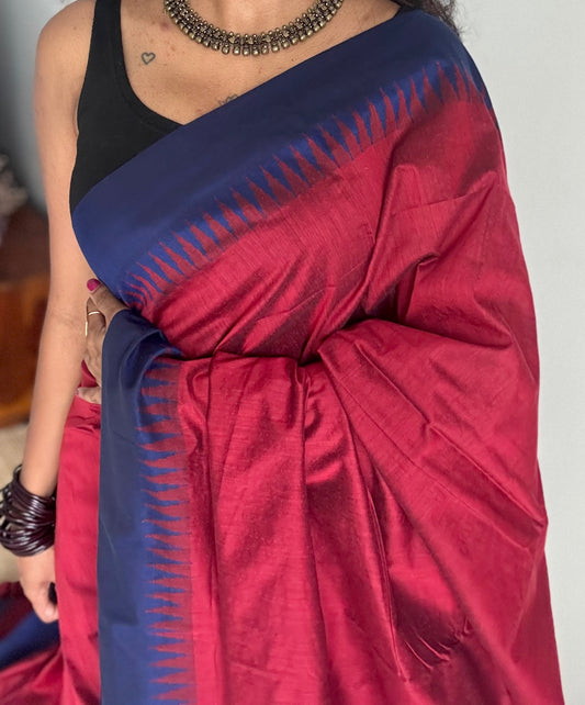 Red with royal blue temple border - cotton silk - YCCOTNOCKCS5