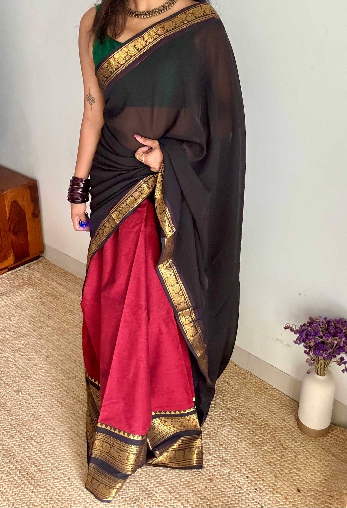 Maroon - Black unstitched half saree material (dhavani), kanchi cotton - YCIEHS210