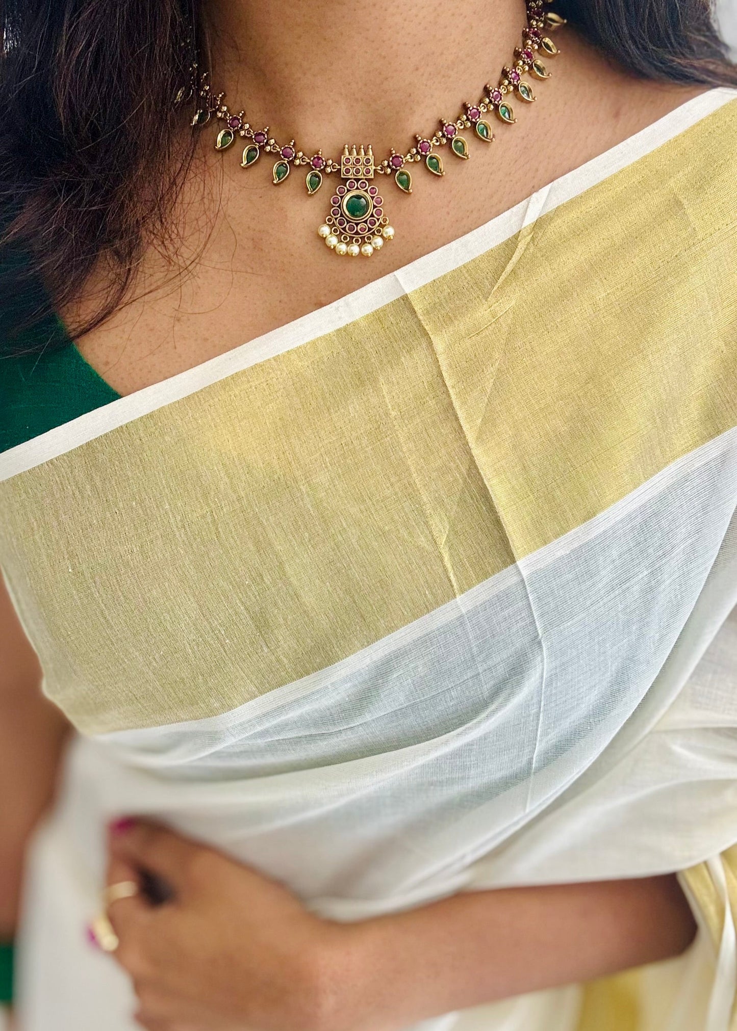 Green and dark pink palakka necklace with jhumka - YCAGC82