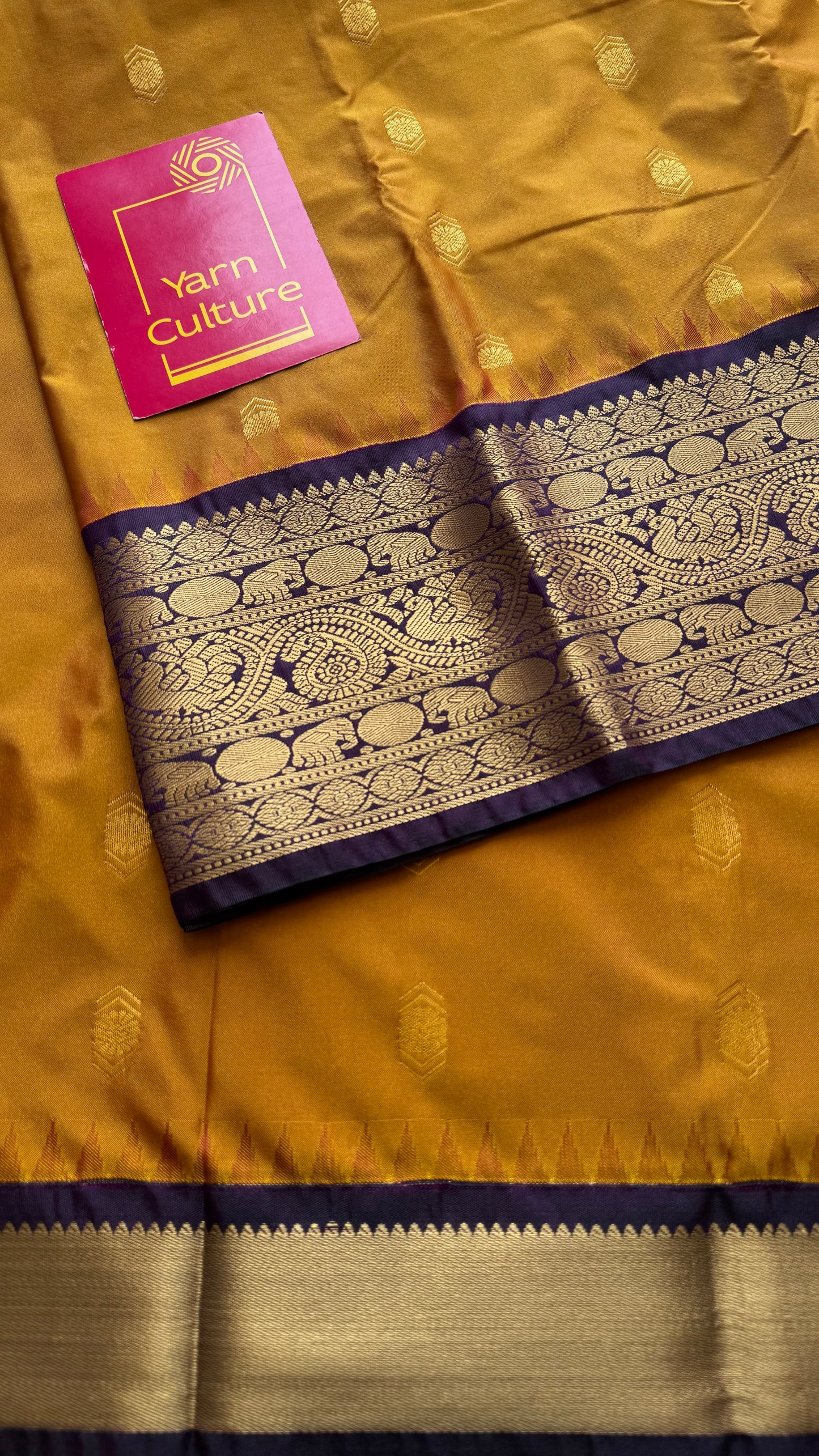 Vaidhi - mustard with deep purple, handloom korvai semi silk - YCCOTNFEJUKS02