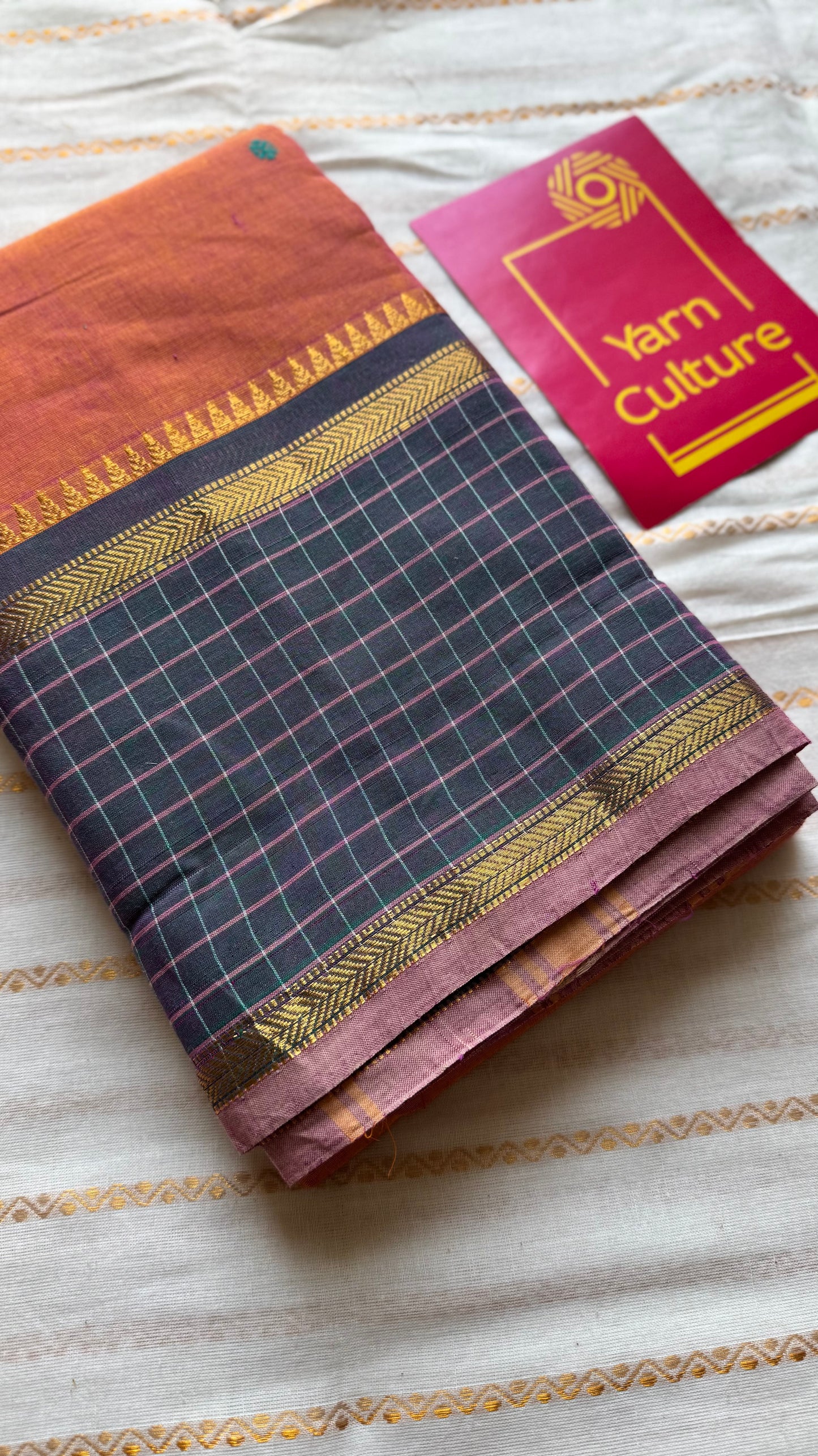 Orange pink dual tone and dark greyish blue contrast, Chettinad cotton saree with checkered border - YCCOTNMA273