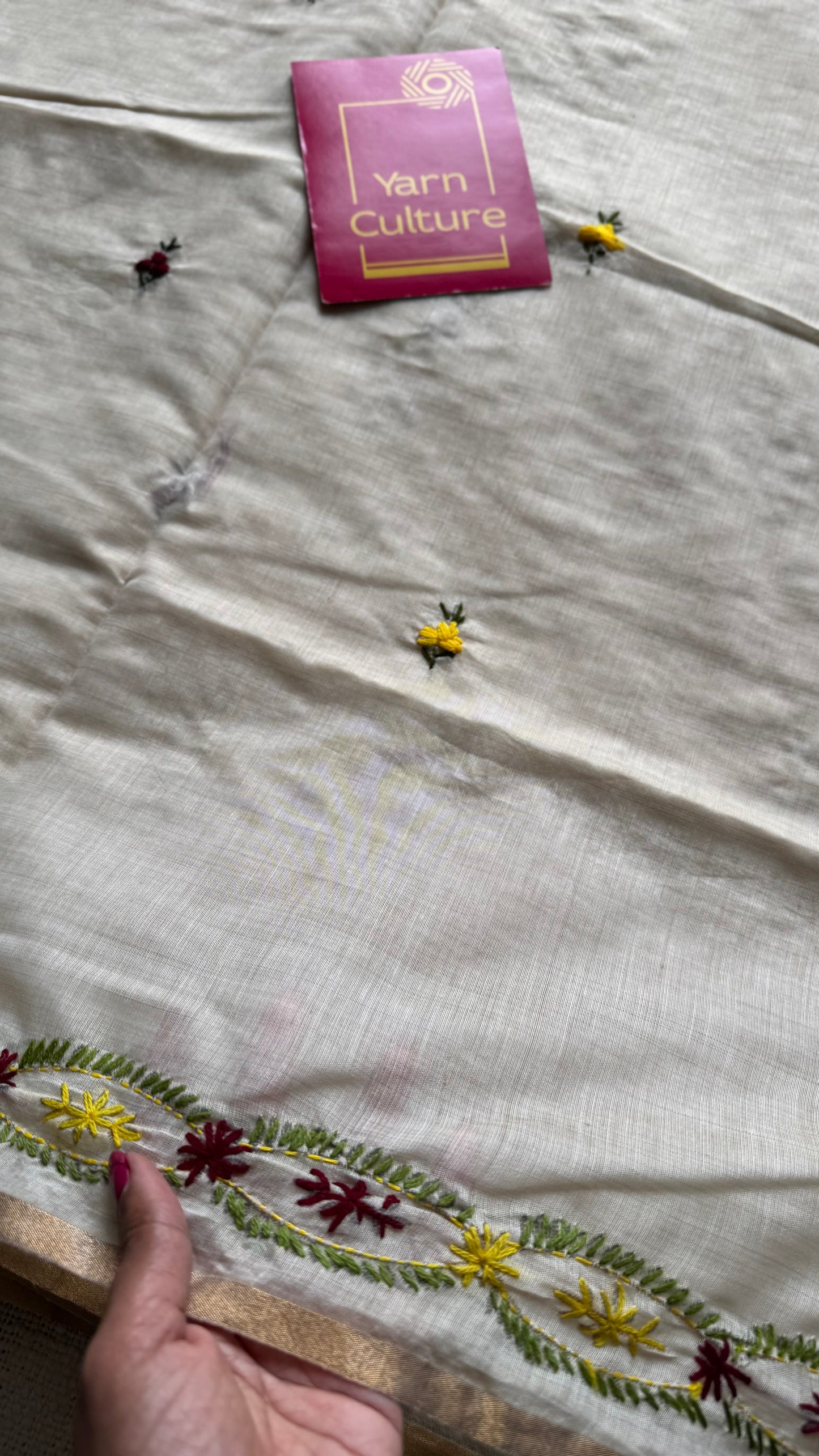 Ivory maheshwari cotton silk blend with deep maroon and light yellow floral kantha threadwork - YCBLJULMK06