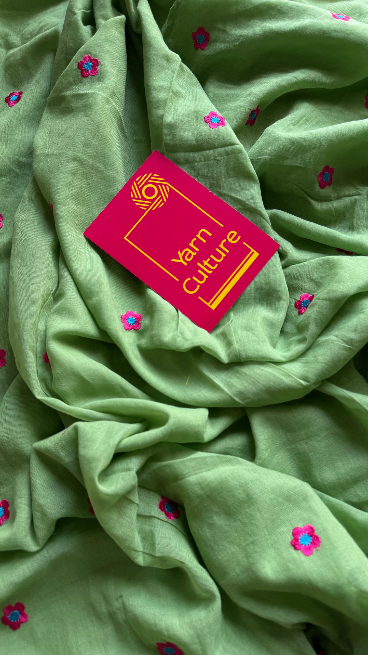 Pista green with dark pink floral embroidered mul cotton saree - YCBCMCAP48