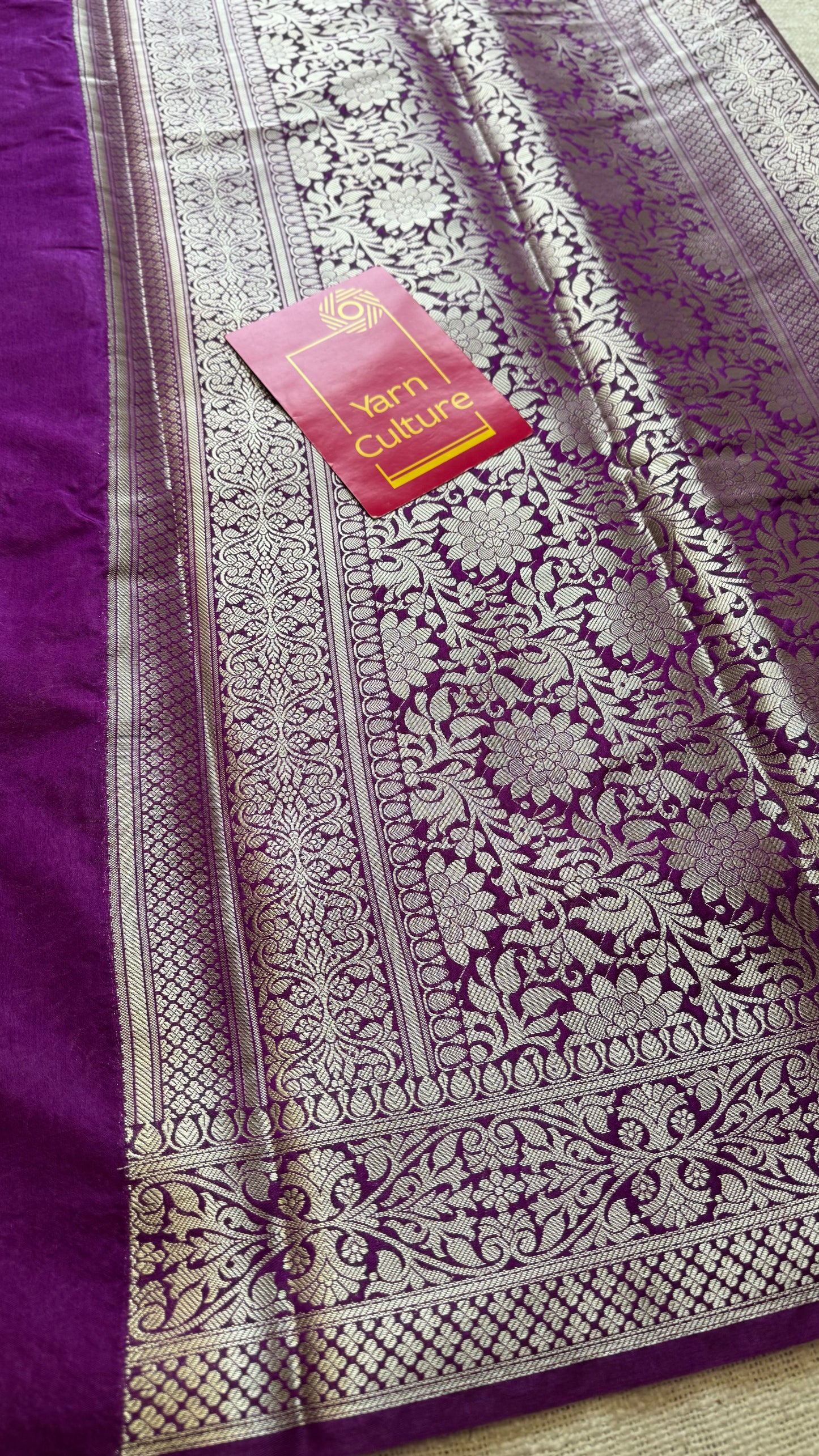 Bright purple meenakari floral pattern in silver zari, Banarasi katan dupion silk - YCDESE10