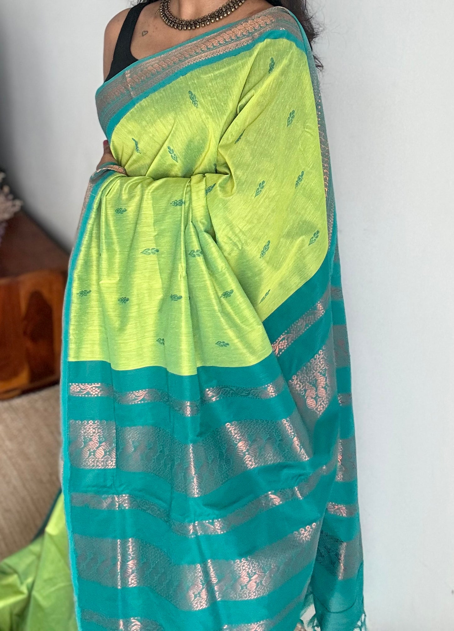 Bright green with turquoise, cotton silk - YCCOTNOCKCS14