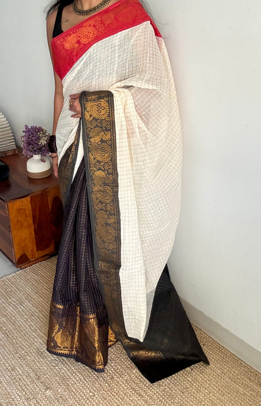Ivory and red border with black, sungudi cotton half-half saree - YCCOTNIDMA313