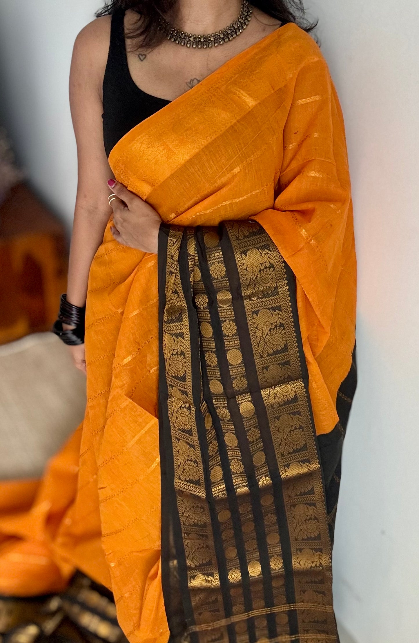 Turmeric yellow (towards orange) with black, peacock rudraksham motif, single side broad zari - madurai kattuchayam dyed - YCCOTNAURS16