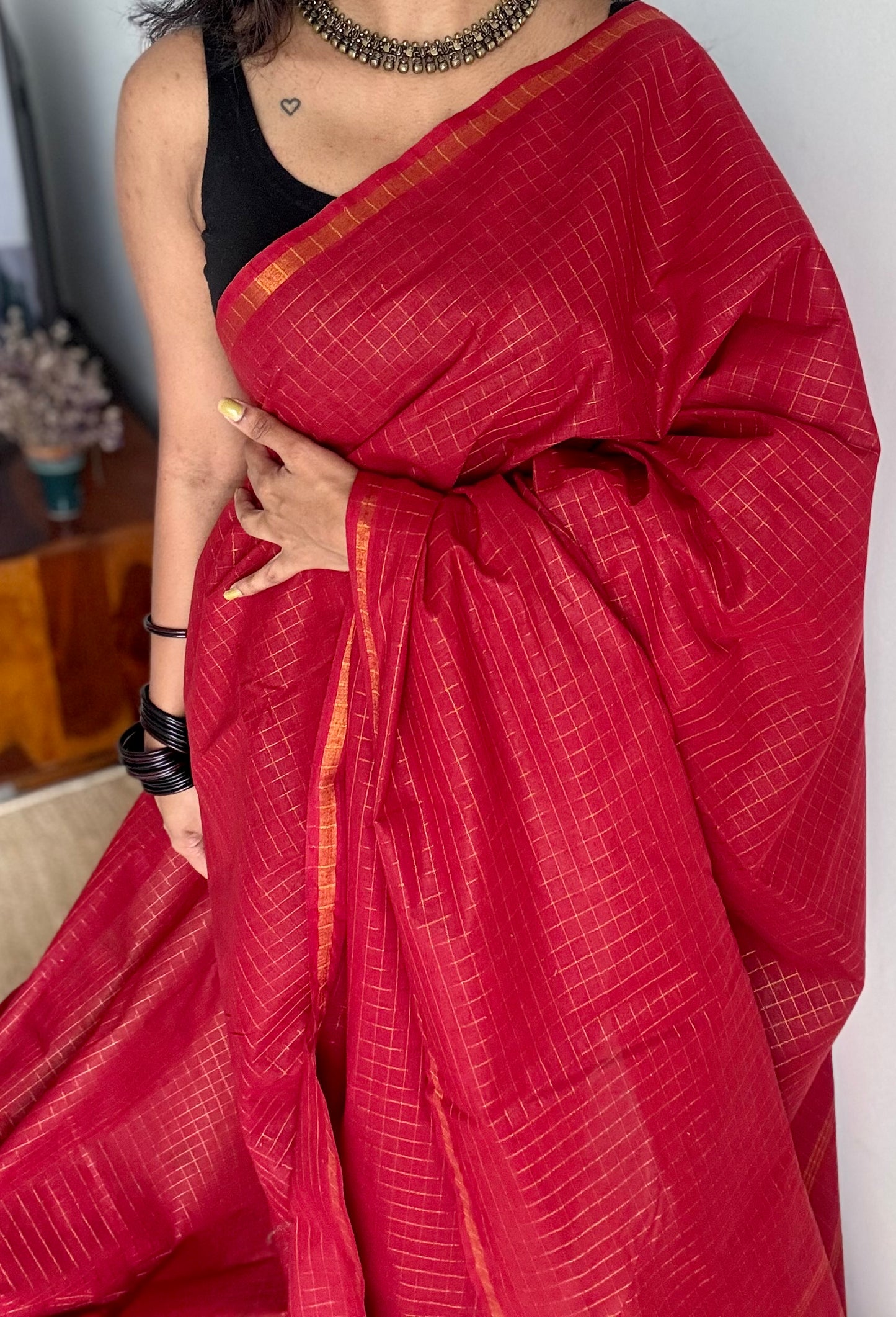 Red mini kattam sungudi, madurai cotton - YCCOTNSEMS18