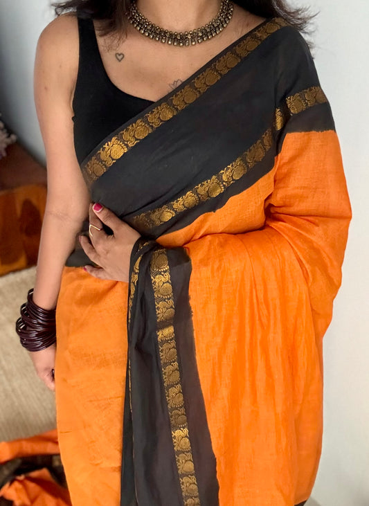 Fanta orange and black, rettaipettu peacock double border, madurai soft cotton - YCCOTNJULRS01