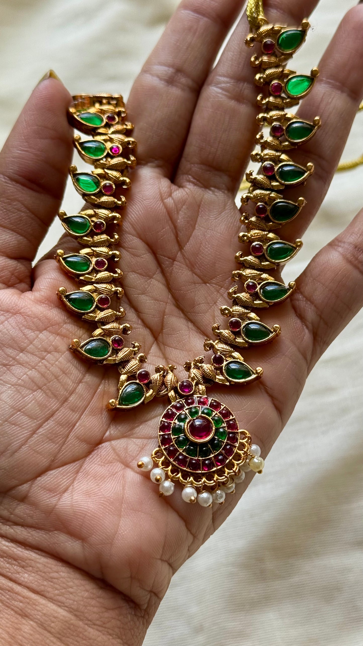 Antique gold palakka type, ruby and green stones with earrings - YCAGNP267