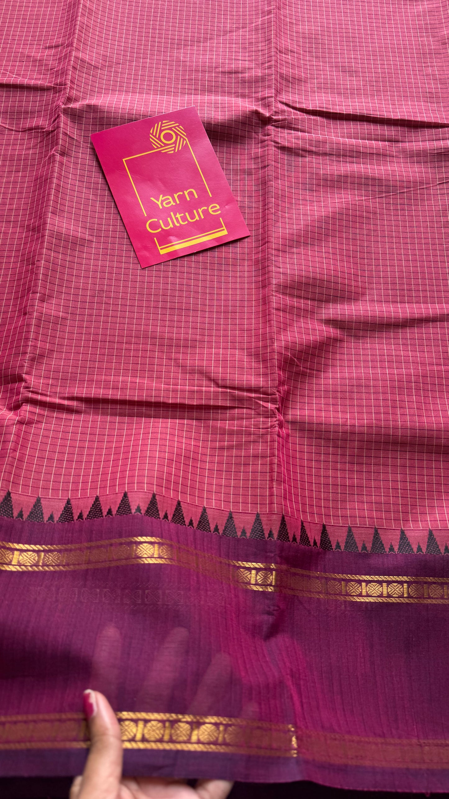 Dark pink with maroon border, temple motifs, checkered body, kanchi cotton - YCCOTNOCKC29