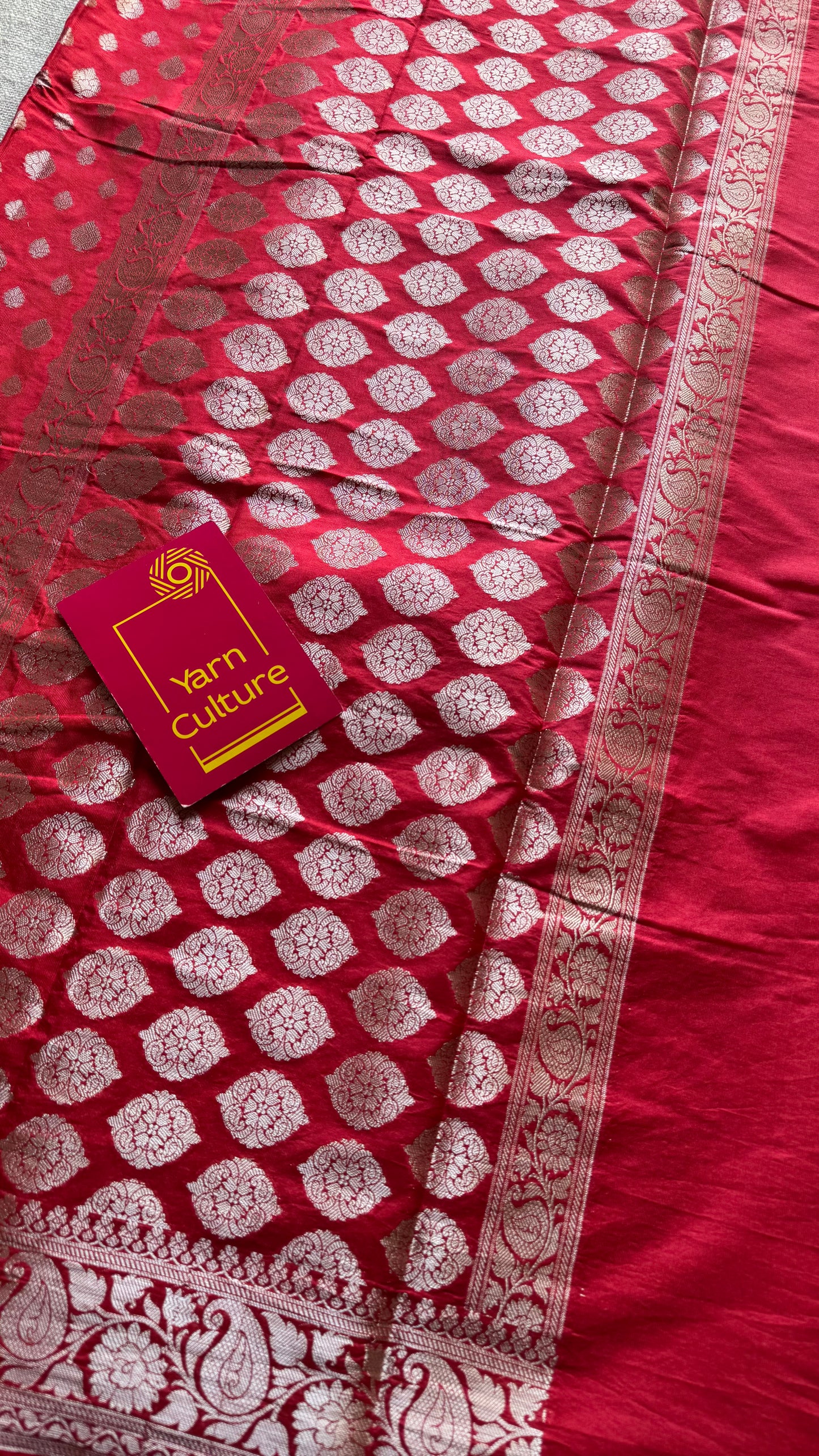 Chilli red, silver buttas and zari, Banarasi semi-silk - YCDESE37