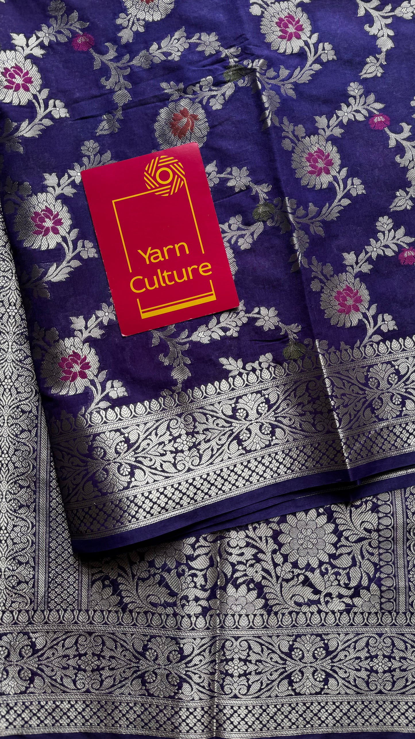 Dark blue meenakari floral pattern in silver zari, Banarasi katan dupion silk - YCDESE12