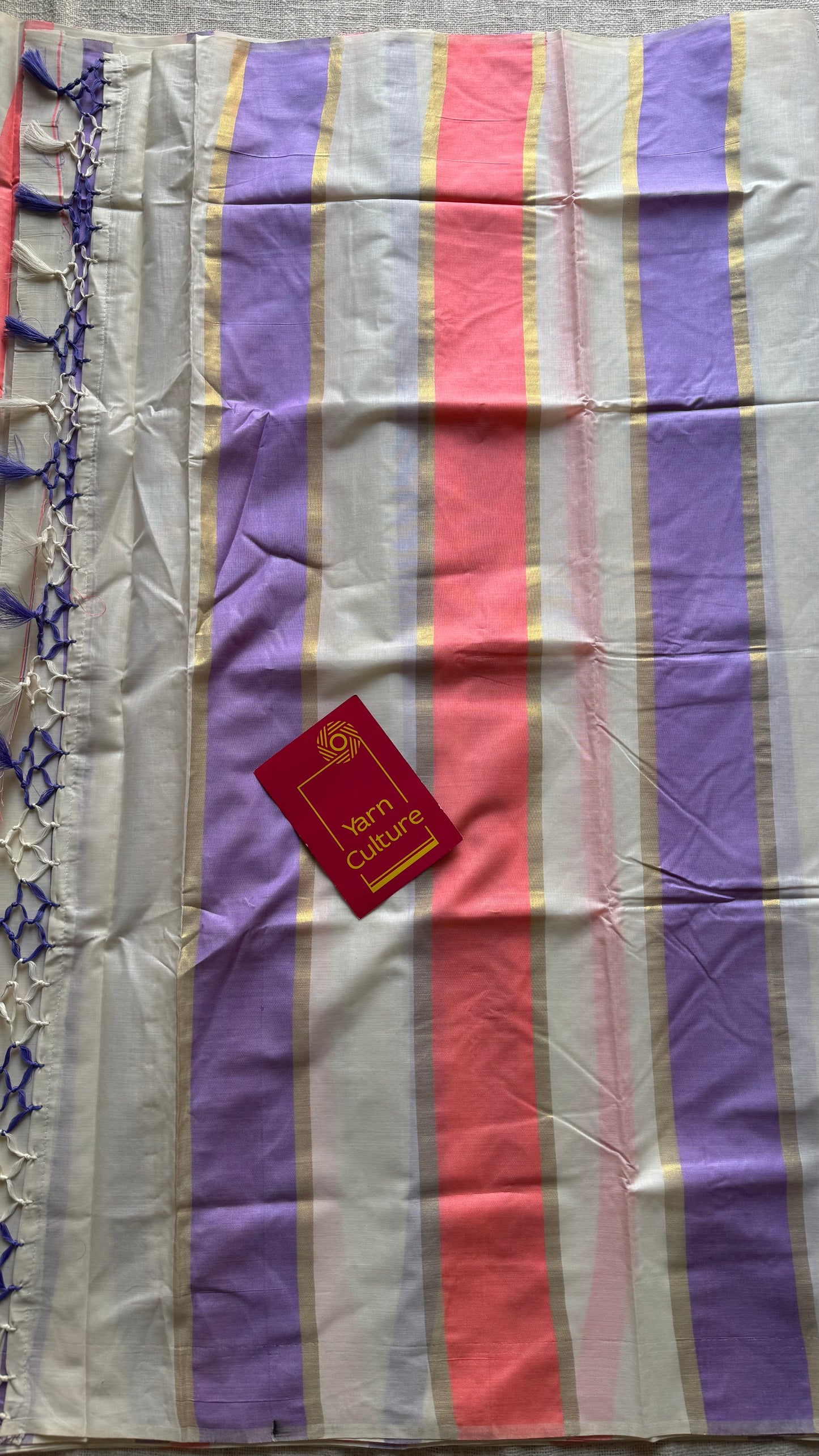 Ivory Kerala cotton saree with lilac and peach stripes - YCIEKCFE304