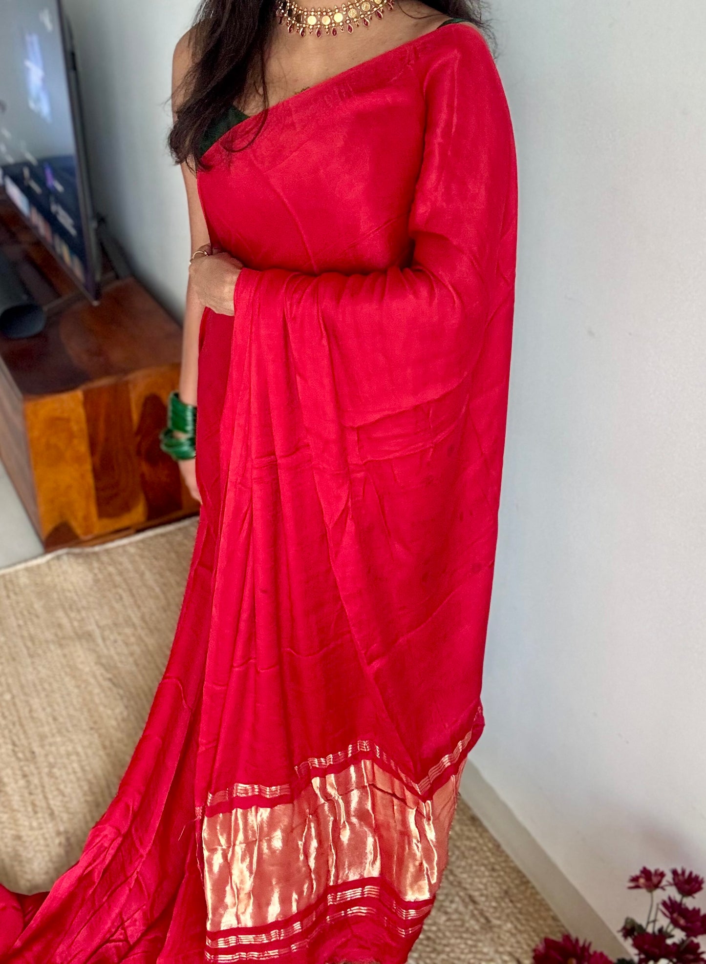 Red Modal Silk with Lagadi patta (gold pallu) - YCDESE24