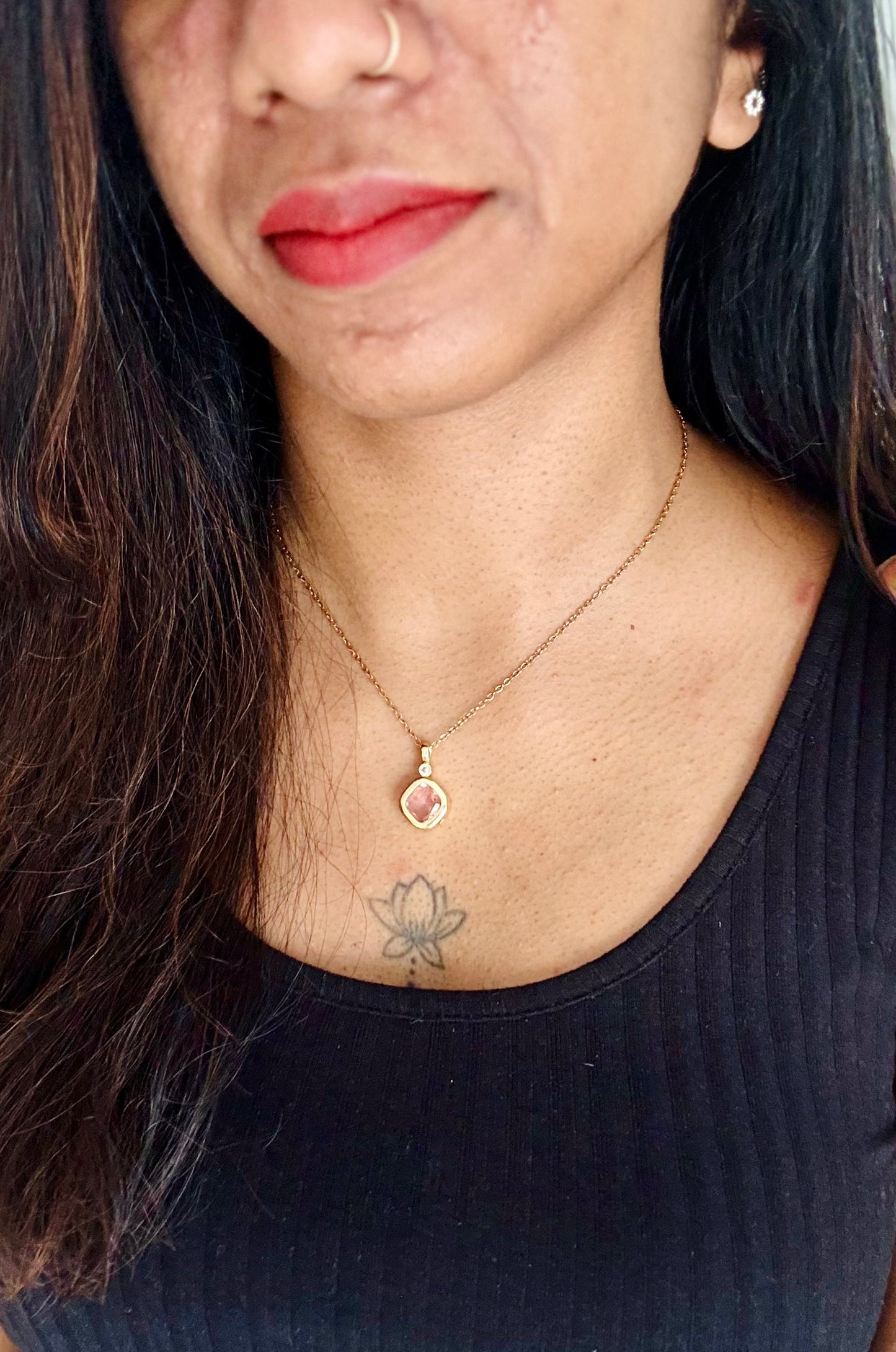 Gold plated chain, pink stone pendant - YCGPC245