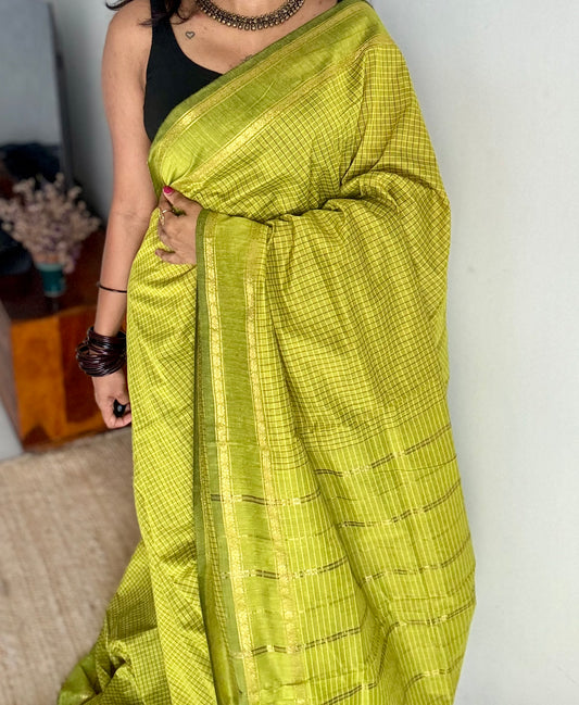 Olive Green, Arani checks, cotton silk - YCCOTNOCAR04