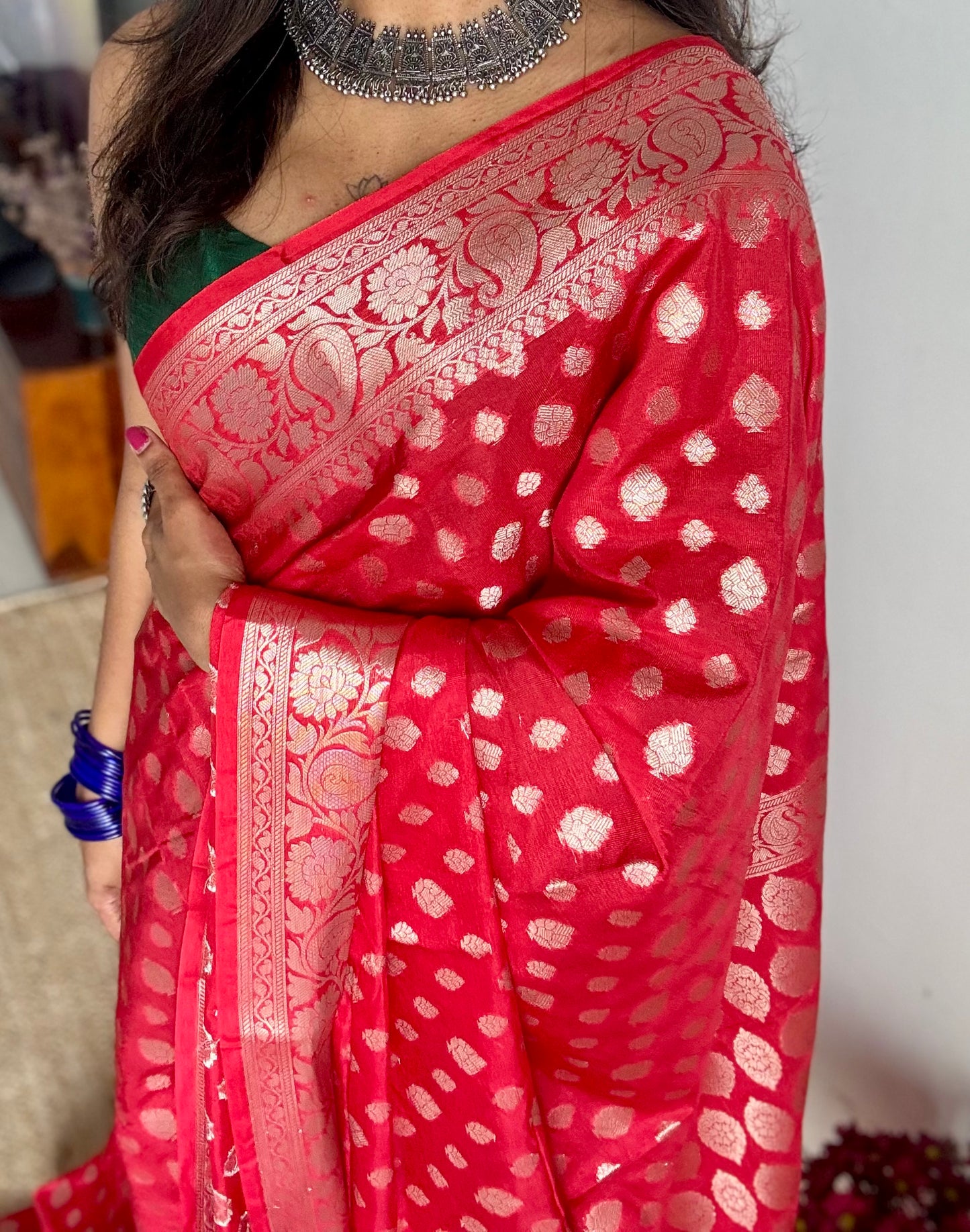 Chilli red, silver buttas and zari, Banarasi semi-silk - YCDESE37