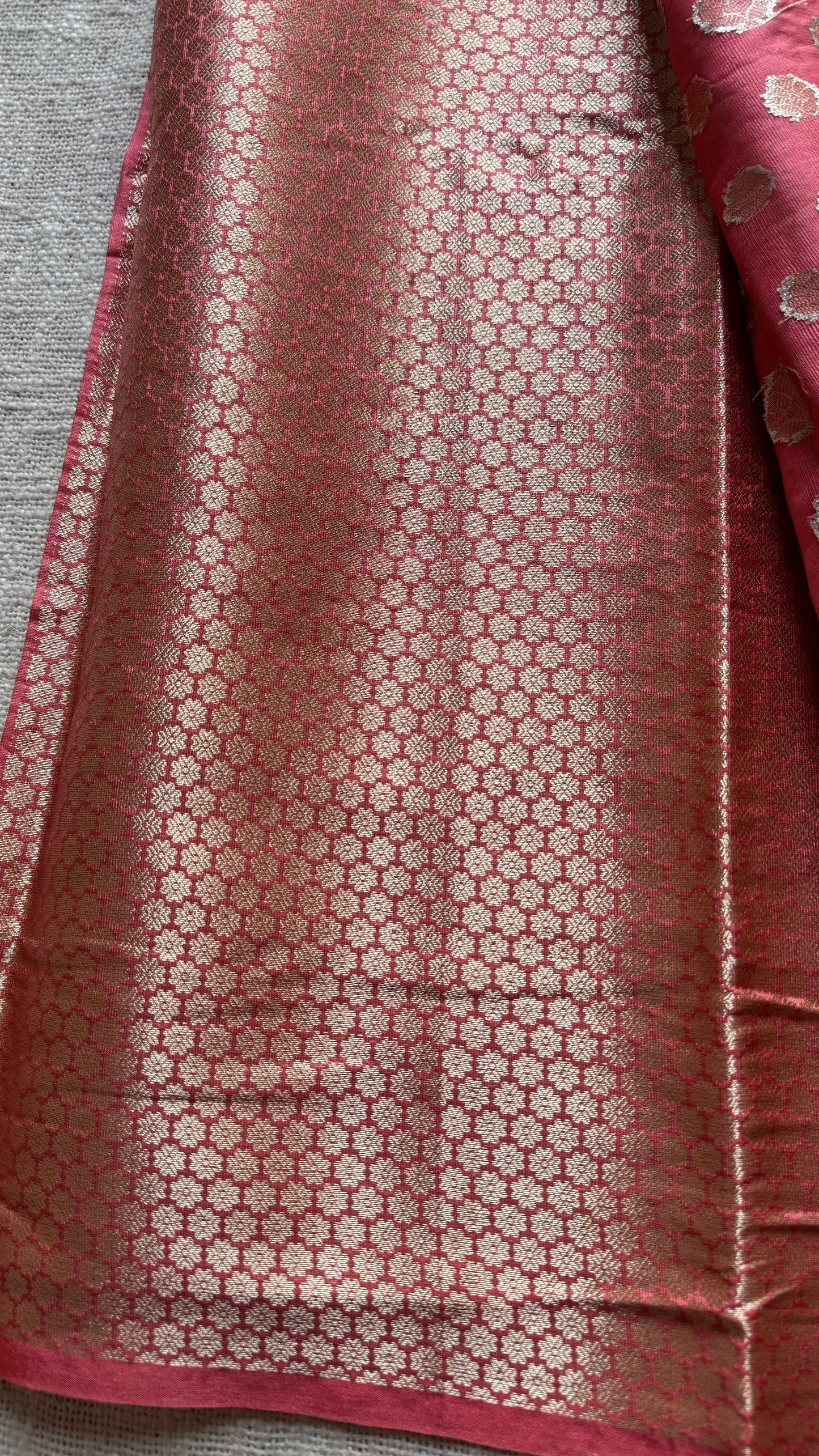 Peach pink, muted gold buttas and zari, Banarasi semi-silk - YCDESE41