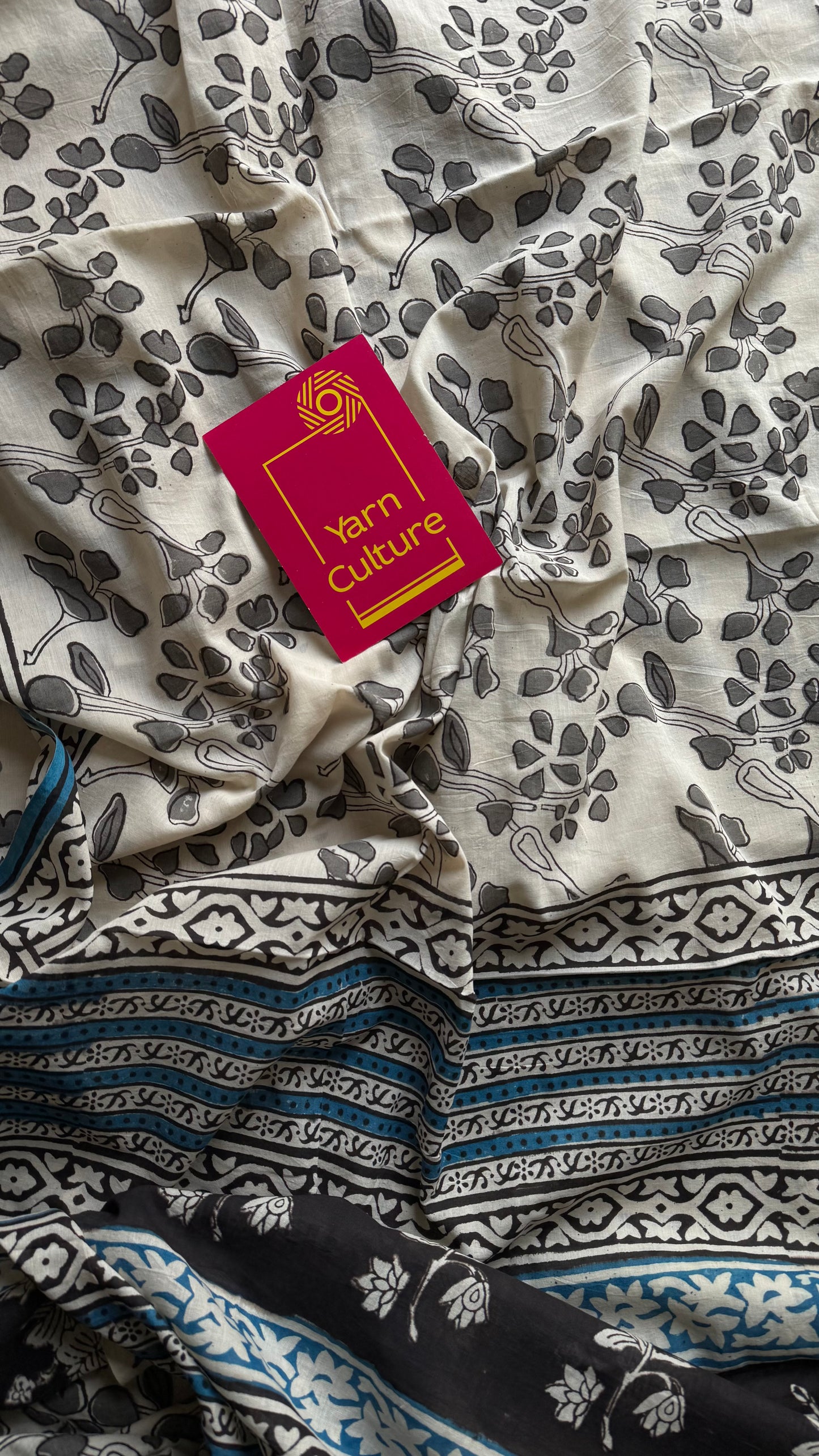 Beige with grey flowers, blue border, block printed soft cotton saree - YCTORCMA14