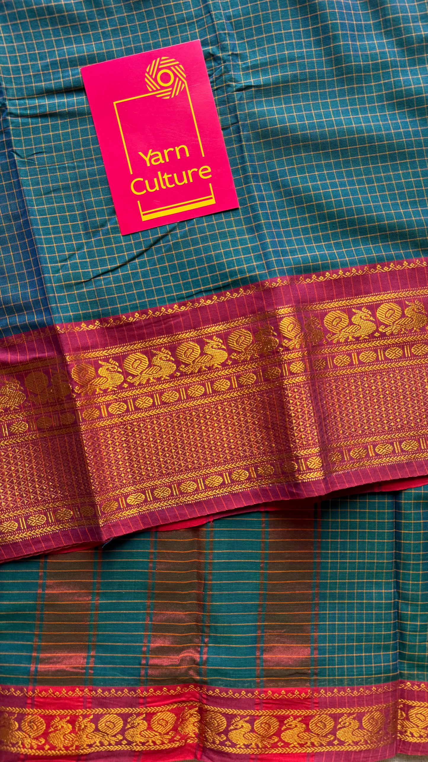 Teal checks with zari border, premium narayanpet, soft cotton - YCWOTDOCNP03