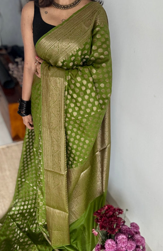 Harita - Olive green, antique gold zari, Banarasi semi georgette - YCBLFEGAGZ18