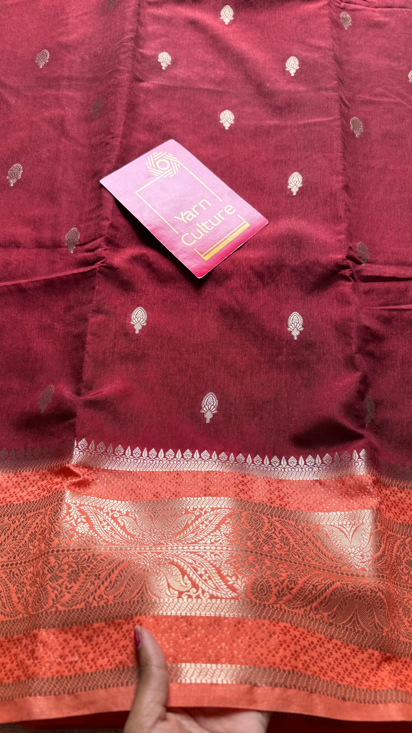 Maroon with peach border, Banarasi semi-silk - YCDESE02