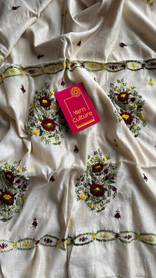 Ivory maheshwari cotton silk blend with deep maroon and light yellow floral kantha threadwork - YCBLJULMK06