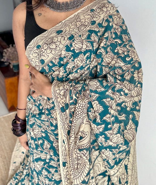 Teal with beige kalamkari, floral vines, soft cotton - YCWOTDOCMP89