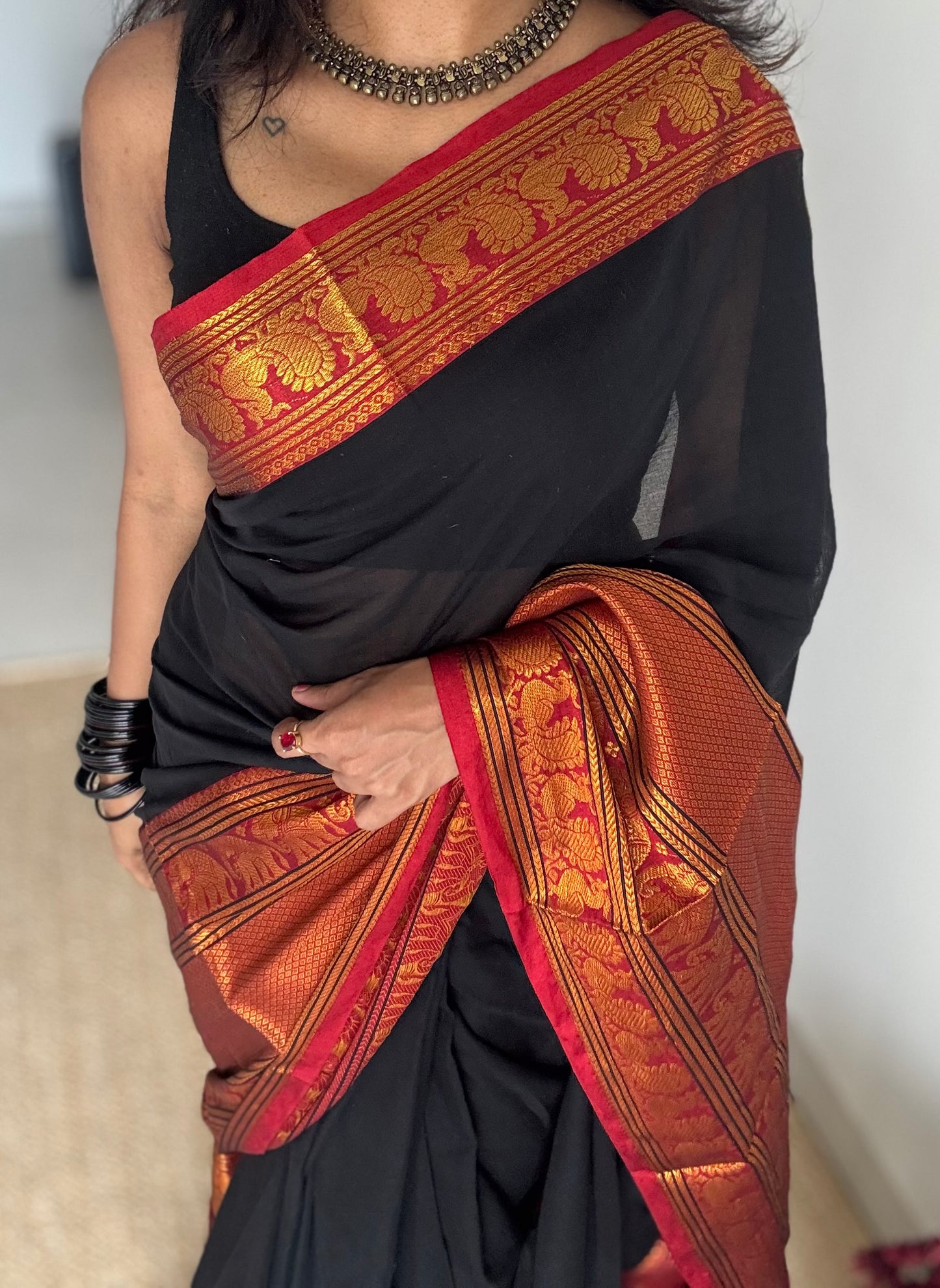 Black with broad zari border, premium narayanpet, soft cotton - YCWOTDFEBB02
