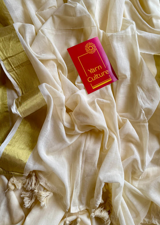 Ivory mul saree, gold border - YCIEON32
