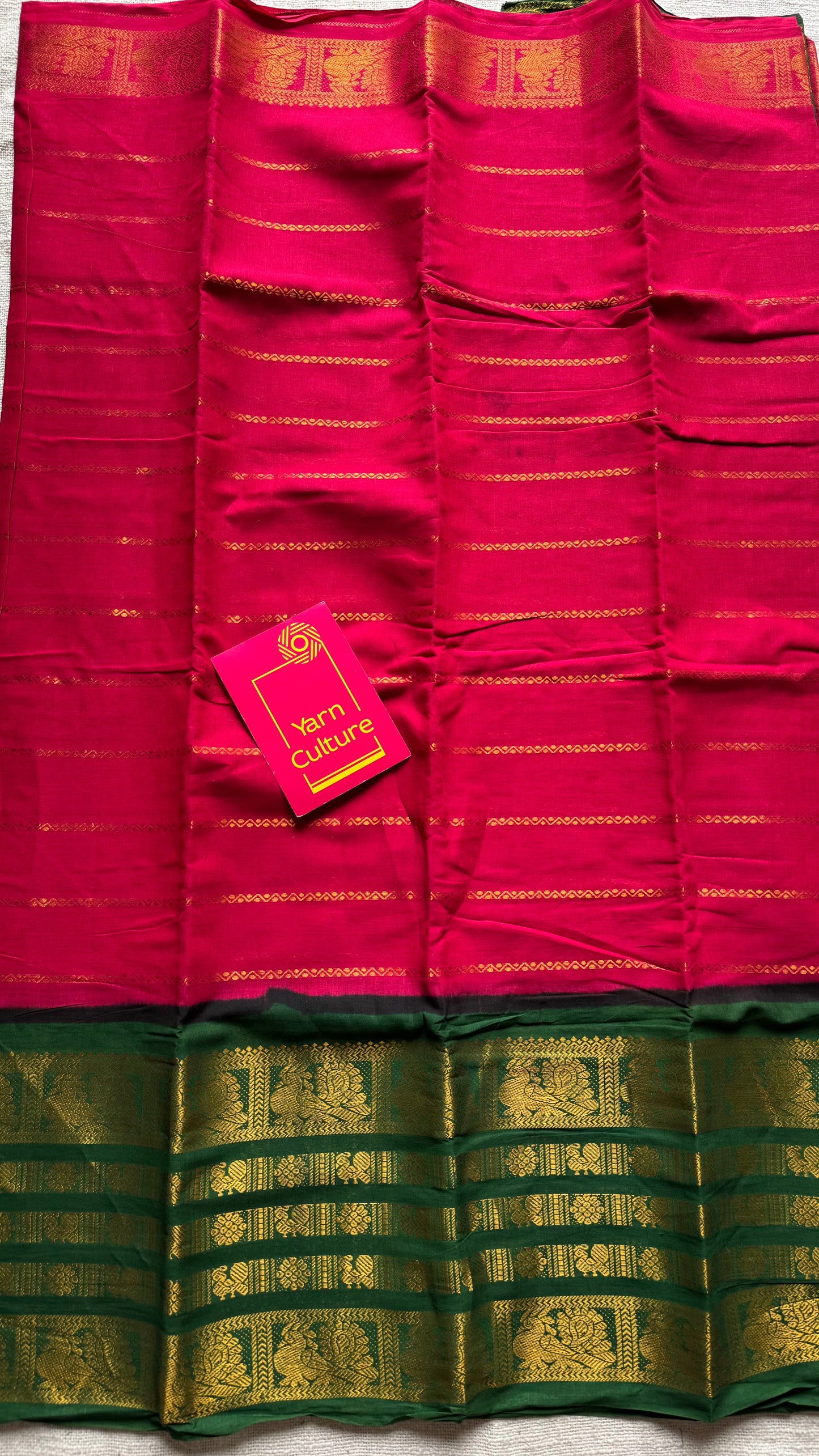 Reddish pink with green, peacock rudraksham motif, single side broad zari - madurai kattuchayam dyed -YCCOTNAURS19