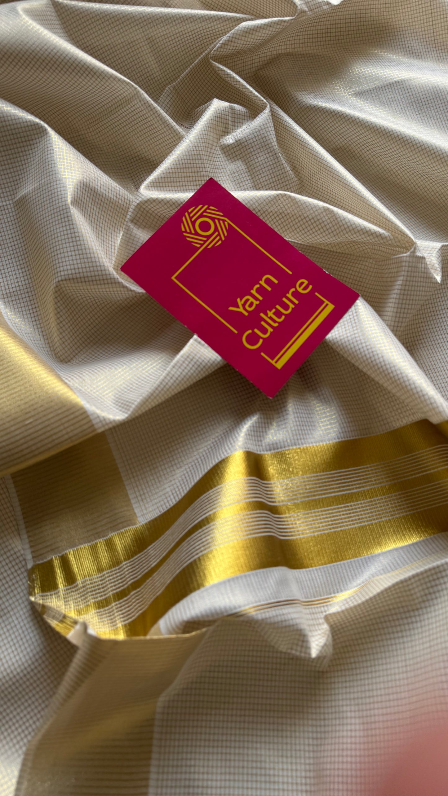 Ivory Kerala tissue cotton saree with gold microchecks - YCIEKCFE317